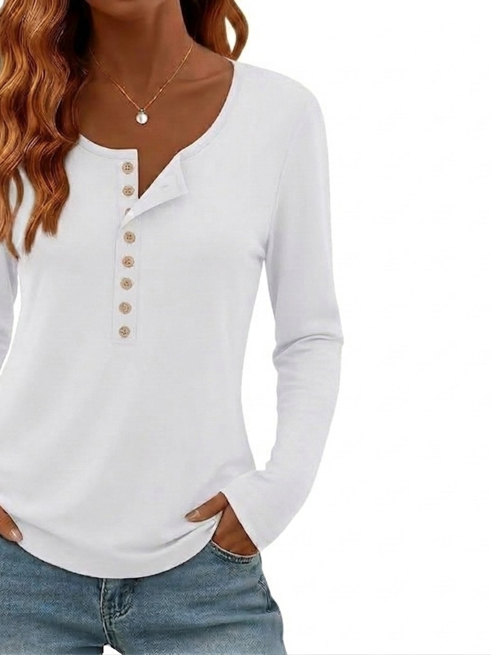 Women’s White Long-Sleeve Fuctional 8 Button Henley Top Scoop Neck Lightweight